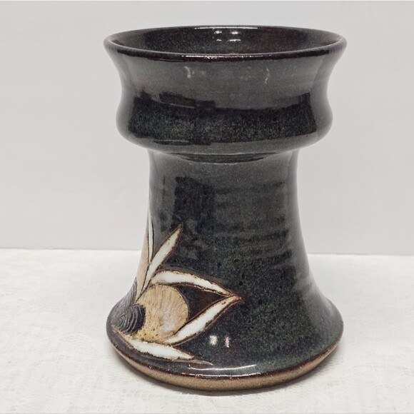 Vintage 80s Scandinavian Stoneware Pottery Floral Vase Blue Brown Signed Rustic - Picture 6 of 12